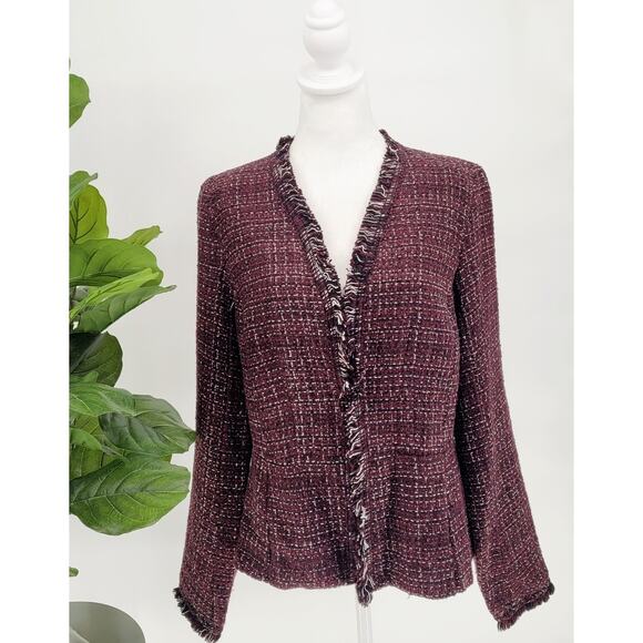White House Black Market Womens Sz 10 Burgundy Tweed Fringe Blazer Heritage Chic - Picture 2 of 11